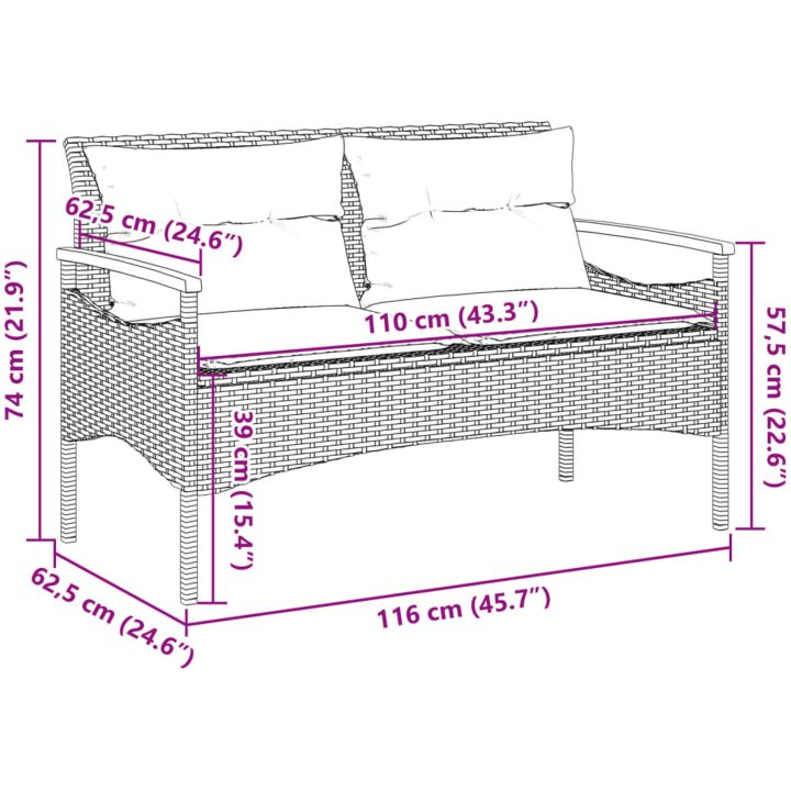 Trädgårdsbänk med dynor 116x62,5x74 cm beige konstrotting vidaXL – bild 9
