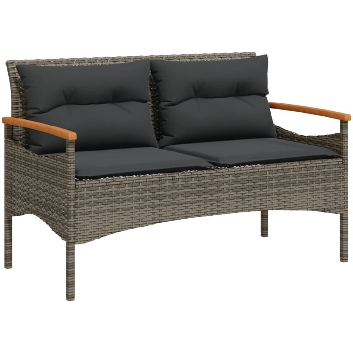 Trädgårdsbänk med dynor 116x62,5x74 cm grå konstrotting vidaXL – bild 2