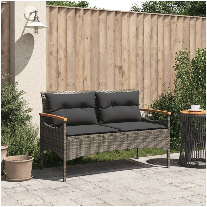 Trädgårdsbänk med dynor 116x62,5x74 cm grå konstrotting vidaXL – bild 3