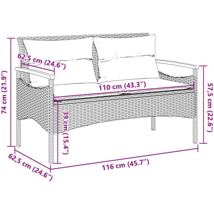 Trädgårdsbänk med dynor 116x62,5x74 cm grå konstrotting vidaXL – bild 9