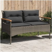 Trädgårdsbänk med dynor 116x62,5x74 cm grå konstrotting vidaXL