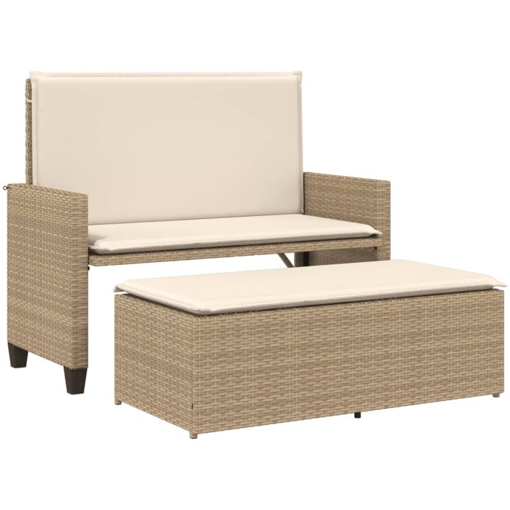 Trädgårdsbänk med dynor och fotpall beige konstrotting vidaXL – bild 2