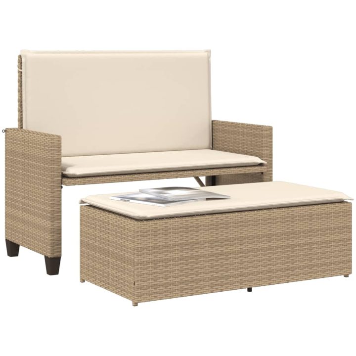 Trädgårdsbänk med dynor och fotpall beige konstrotting vidaXL – bild 4