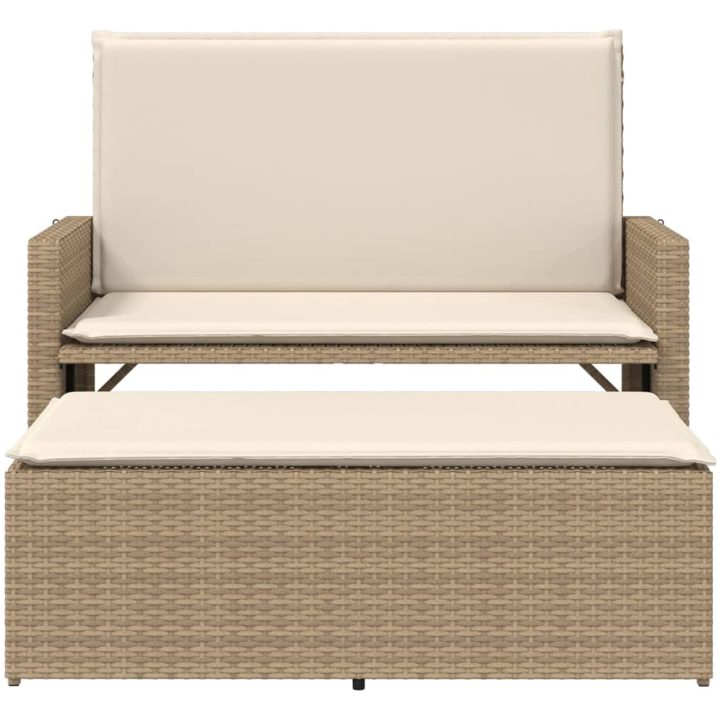 Trädgårdsbänk med dynor och fotpall beige konstrotting vidaXL – bild 5