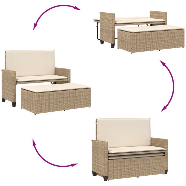 Trädgårdsbänk med dynor och fotpall beige konstrotting vidaXL – bild 8