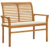 Trädgårdsbänk med gräddvit dyna 112 cm massiv teak vidaXL – miniatyr 1