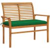 Trädgårdsbänk med grön dyna 112 cm massiv teak vidaXL – miniatyr 1