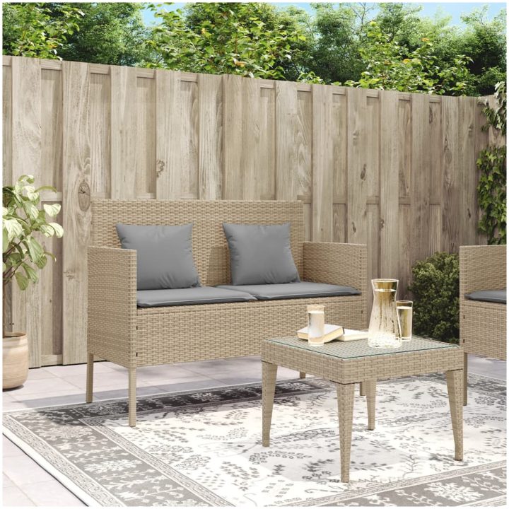 Trädgårdsbänk med kuddar beige konstrotting vidaXL – bild 3
