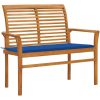 Trädgårdsbänk med kungsblå dyna 112 cm massiv teak vidaXL – miniatyr 1