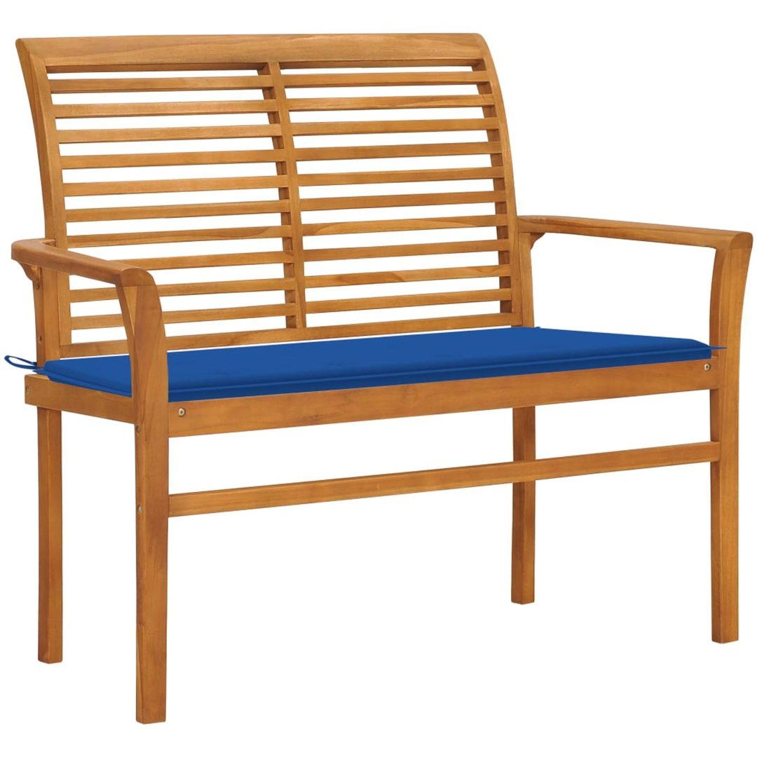 Trädgårdsbänk med kungsblå dyna 112 cm massiv teak vidaXL