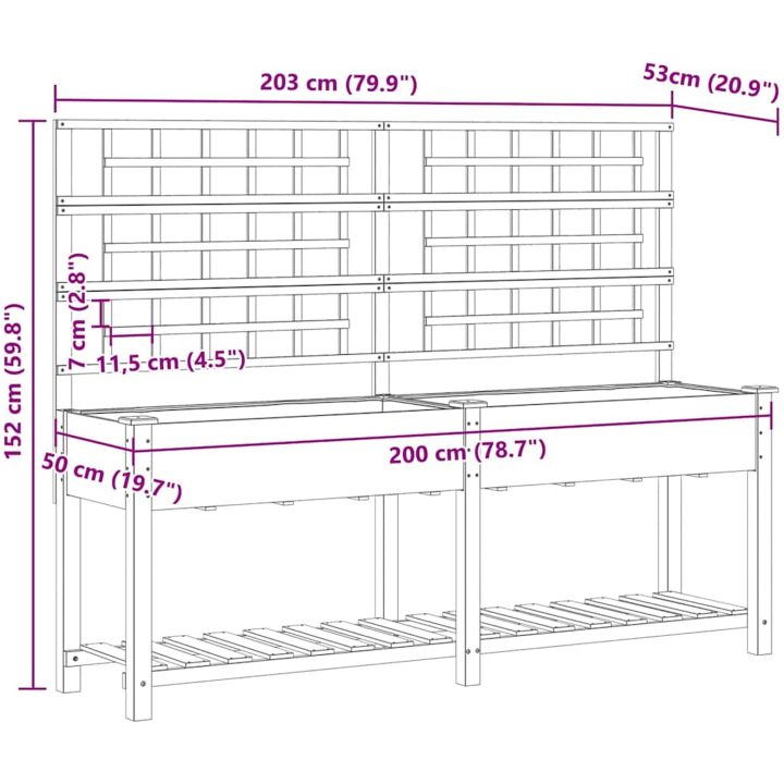 Trädgårdsbänk med Spaljé och Hylla 203x53x152 cm Massivt Furu vidaXL 203,5 x 54 x 152,5 cm – bild 10