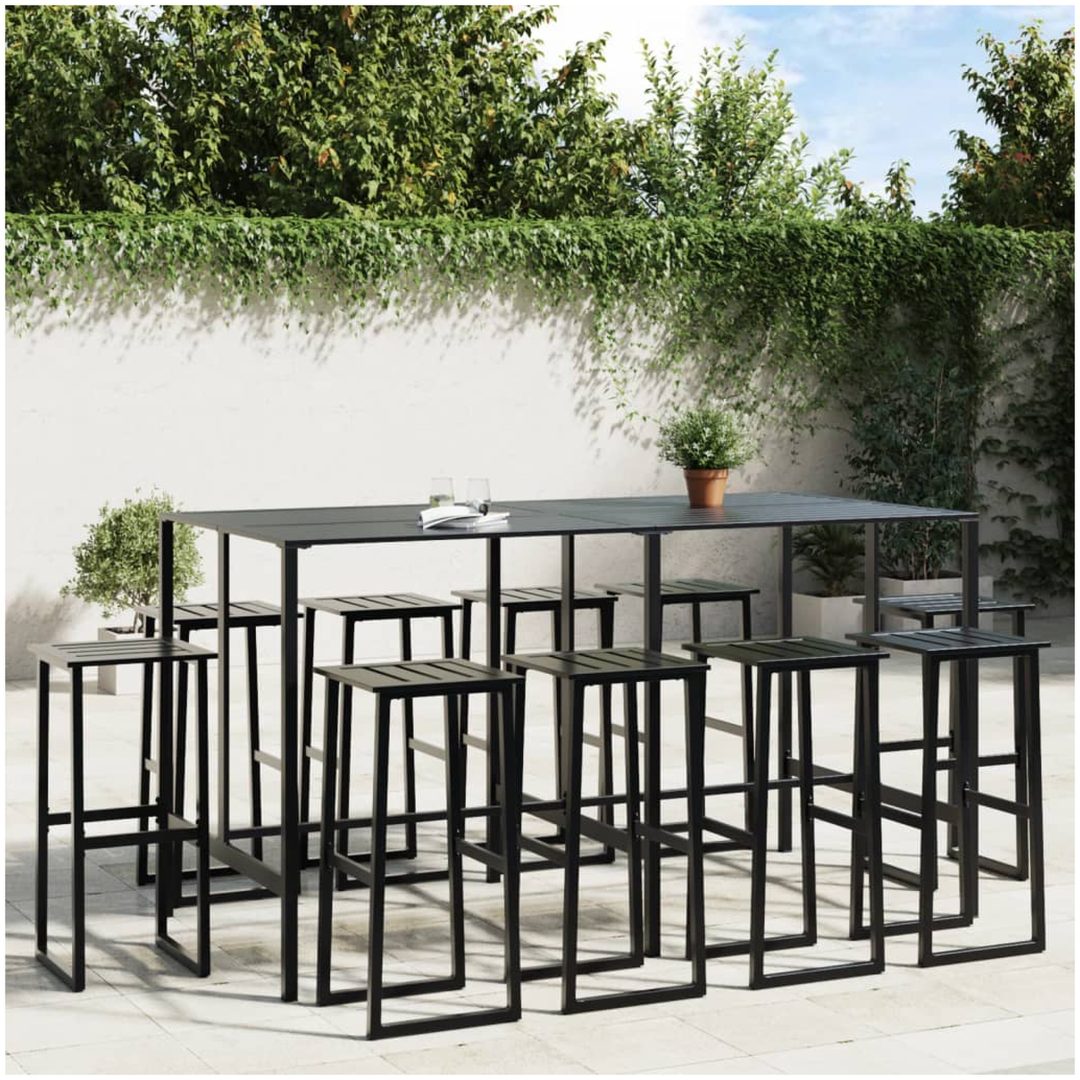 Trädgårdsbar set 11 delar svart pulverlackerat stål vidaXL 200 x 99 x 110 cm