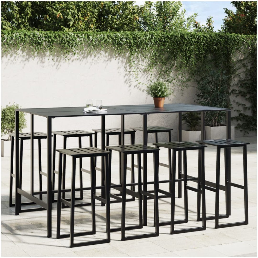 Trädgårdsbar set 9 delar svart pulverlackerat stål vidaXL 200 x 99 x 110 cm