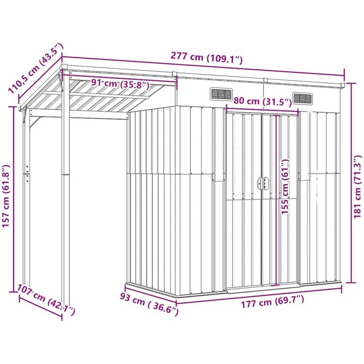 Trädgårdsbod med förlängt tak antracit 277x107x181 cm stål vidaXL – bild 9