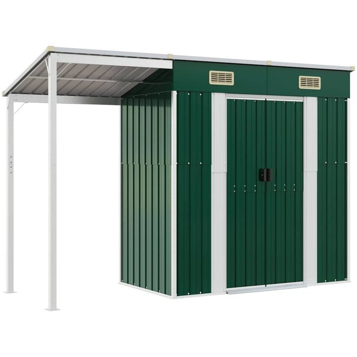 Trädgårdsbod med förlängt tak grön 277x107x181 cm stål vidaXL – bild 2