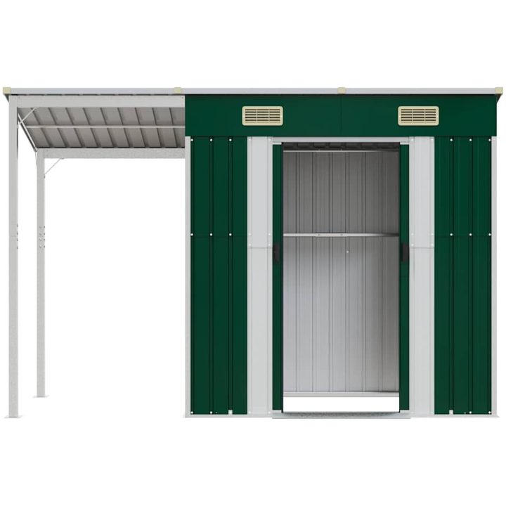Trädgårdsbod med förlängt tak grön 277x107x181 cm stål vidaXL – bild 4