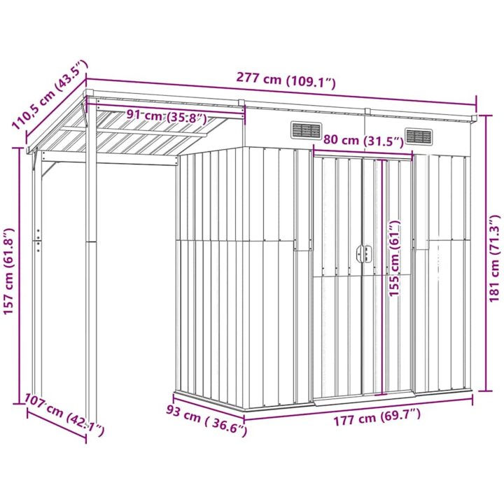 Trädgårdsbod med förlängt tak grön 277x107x181 cm stål vidaXL – bild 9