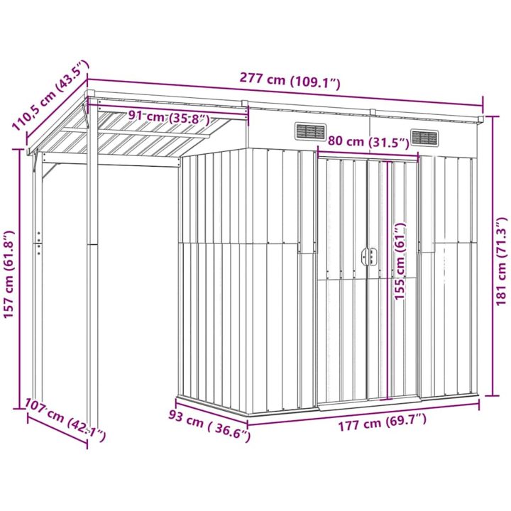 Trädgårdsbod med förlängt tak ljusbrun 277x107x181 cm stål vidaXL – bild 9