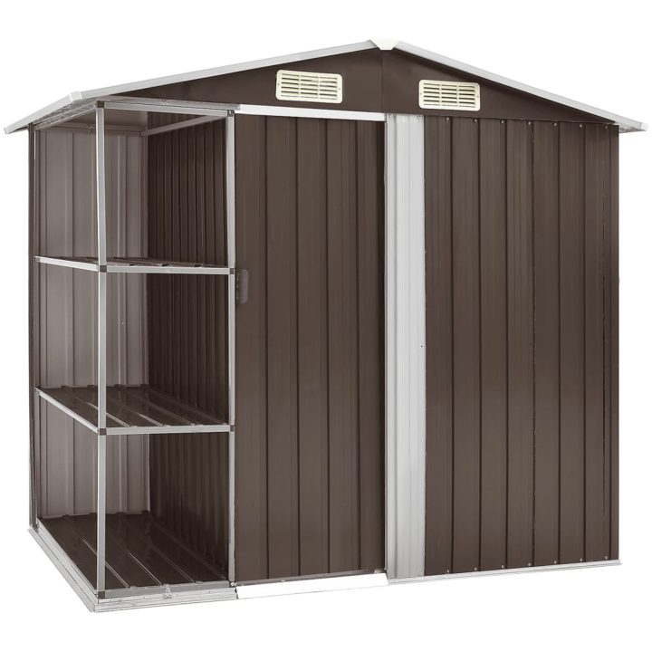 Trädgårdsbod med hylla brun 205x130x183 cm järn vidaXL – bild 2