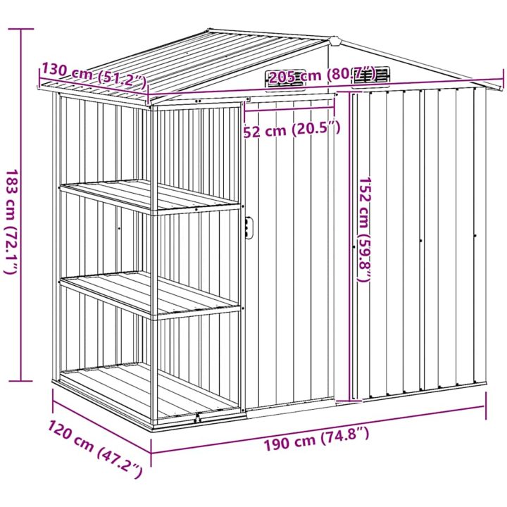 Trädgårdsbod med hylla grön 205x130x183 cm järn vidaXL – bild 10