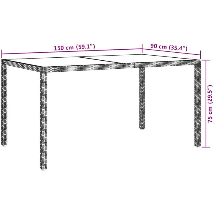 Trädgårdsbord 150x90x75 cm härdat glas och konstrotting grå vidaXL 150 x 90 x 75 cm – bild 7