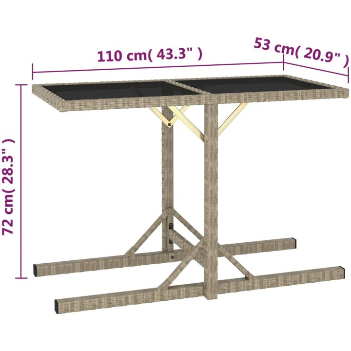 Trädgårdsbord beige 110x53x72 cm glas och konstrotting vidaXL – bild 5