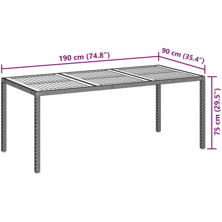 Trädgårdsbord konstrotting och akaciaträ grå vidaXL 190 x 90 x 75 cm – bild 7