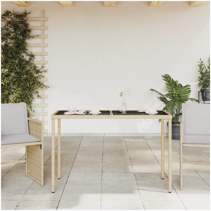 Trädgårdsbord med glasskiva beige 115x54x74 cm konstrotting vidaXL – bild 3