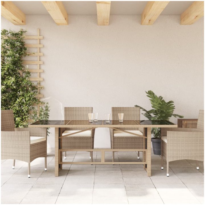 Trädgårdsbord med glasskiva beige 190x80x74 cm konstrotting vidaXL – bild 3