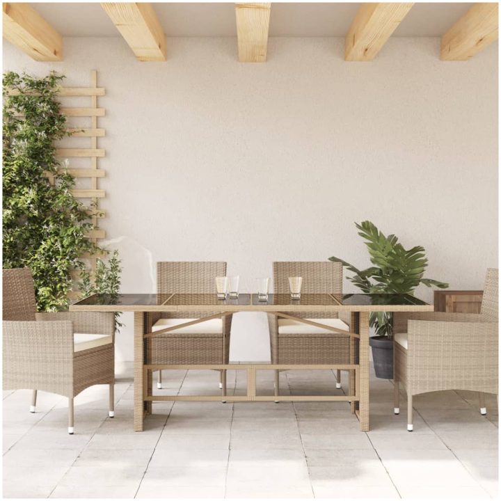 Trädgårdsbord med glasskiva beige 190x80x75 cm konstrotting vidaXL – bild 3