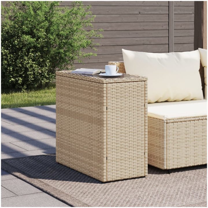 Trädgårdsbord med glasskiva beige 58x27,5x55 cm konstrotting vidaXL – bild 3