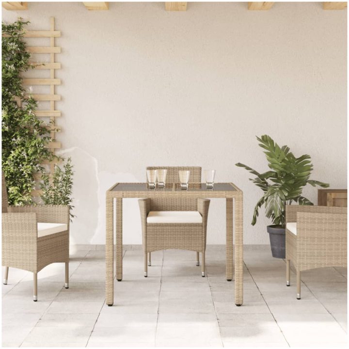 Trädgårdsbord med glasskiva beige 90x90x75 cm konstrotting vidaXL – bild 3