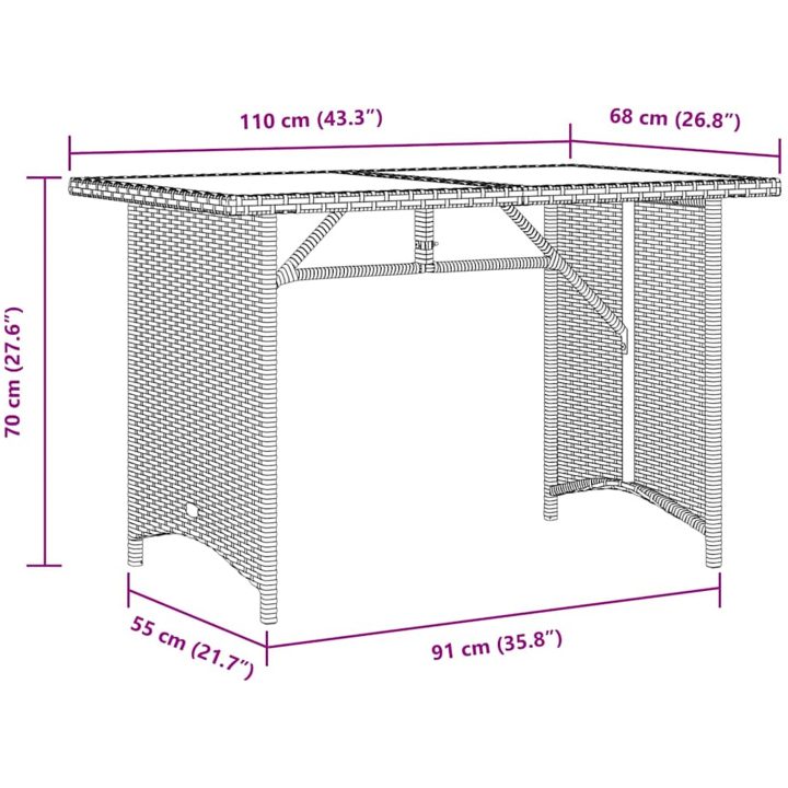 Trädgårdsbord med glasskiva brun 110x68x70 cm konstrotting vidaXL – bild 9