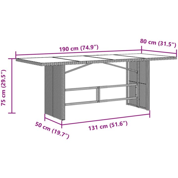 Trädgårdsbord med glasskiva brun 190x80x75 cm konstrotting vidaXL – bild 10