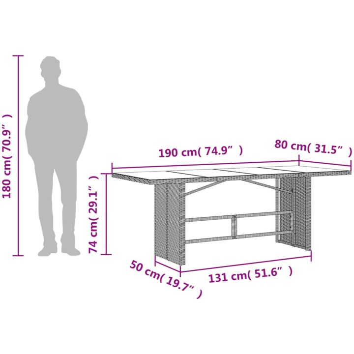 Trädgårdsbord med glasskiva grå 190x80x74 cm konstrotting vidaXL – bild 10