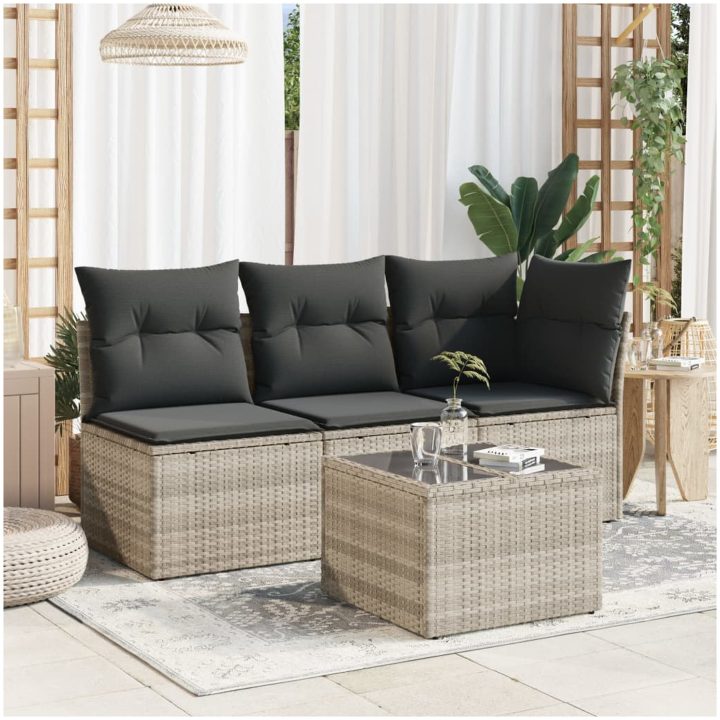 Trädgårdsbord med glasskiva ljusgrå 55x55x37 cm konstrotting vidaXL – bild 3