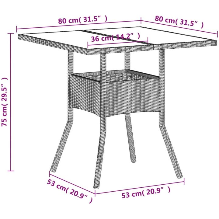 Trädgårdsbord med glasskiva ljusgrå 80x80x75 cm konstrotting vidaXL – bild 11