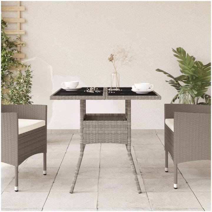 Trädgårdsbord med glasskiva ljusgrå 80x80x75 cm konstrotting vidaXL – bild 3