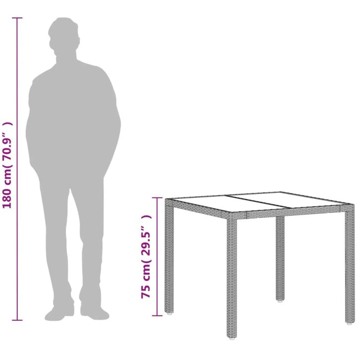 Trädgårdsbord med glasskiva ljusgrå 90x90x75 cm konstrotting vidaXL – bild 12