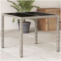 Trädgårdsbord med glasskiva ljusgrå 90x90x75 cm konstrotting vidaXL