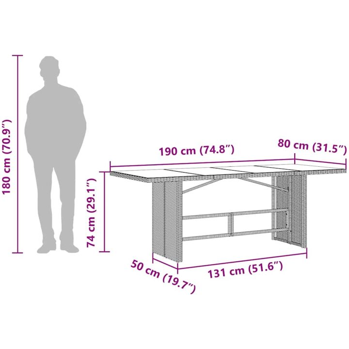 Trädgårdsbord med glasskiva svart 190x80x74 cm konstrotting vidaXL – bild 10