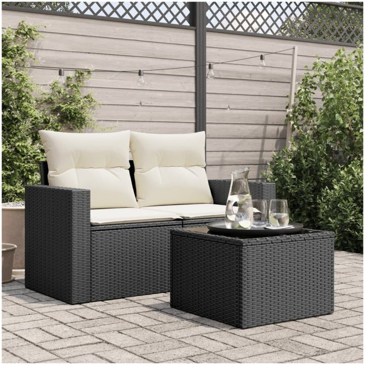 Trädgårdsbord med glasskiva svart 55x55x37 cm konstrotting vidaXL – bild 3