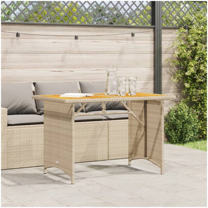Trädgårdsbord med träskiva beige 110x68x70 cm konstrotting vidaXL – bild 3