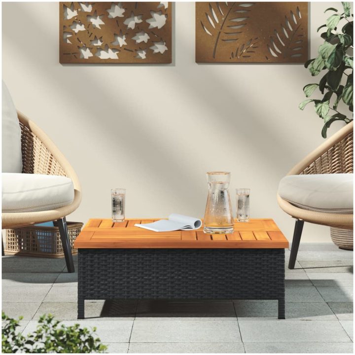 Trädgårdsbord svart 70x70x25 cm rotting och akaciaträ vidaXL – bild 3