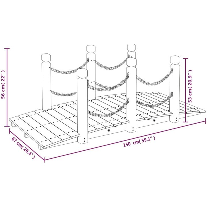 Trädgårdsbro med kedjeräcken 150x67x56cm massivt granträ vidaXL – bild 6