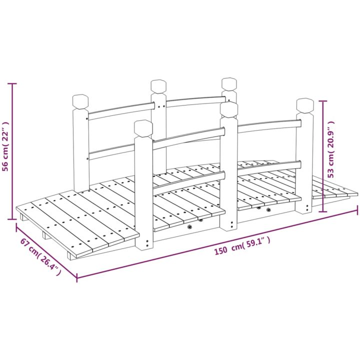 Trädgårdsbro med räcken 150x67x56cm massivt granträ vidaXL – bild 6