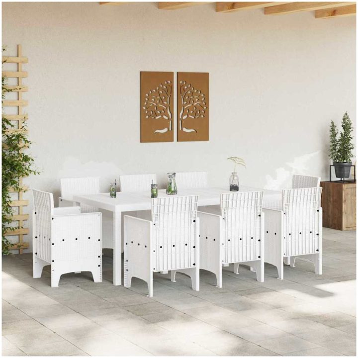 Trädgårdsdining Set 9 pcs Vit Konstrotting vidaXL 200 x 100 x 73 cm – bild 3