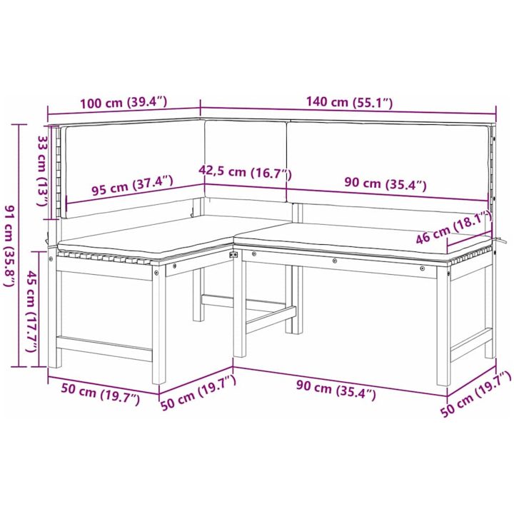Trädgårdshörnbänk med kuddar 140x100x91 cm Massivt akaciaträ vidaXL 100 x 50 x 91 cm – bild 8