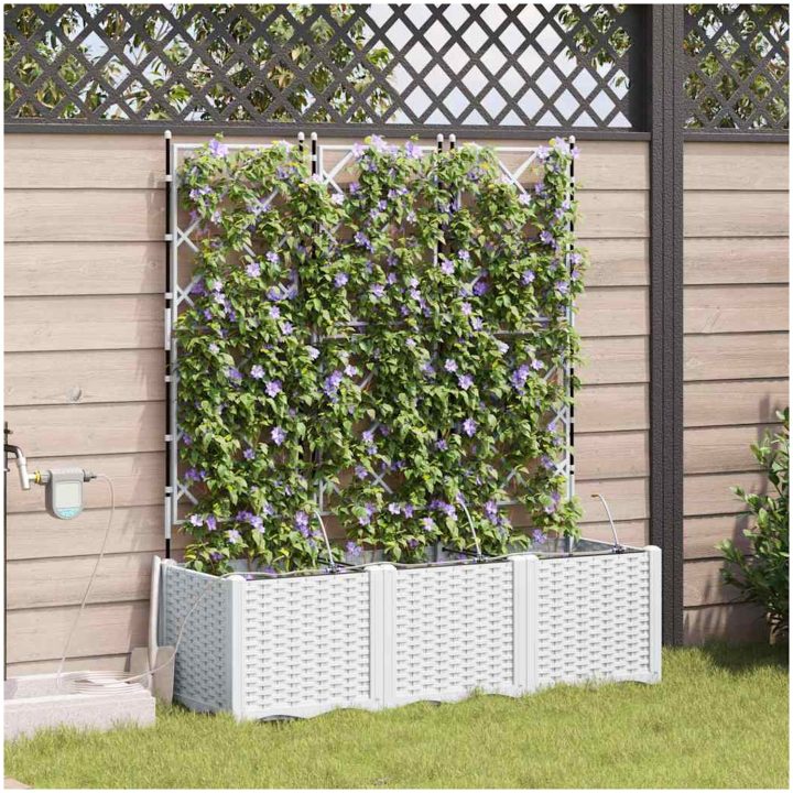 Trädgårdskärl med bevattningssystem 3 st Vit vidaXL 120 x 40 x 142 cm – bild 3