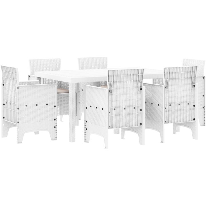 Trädgårdsmatbord 7 pcs Vit PE Rattan vidaXL 150 x 100 x 73 cm – bild 2